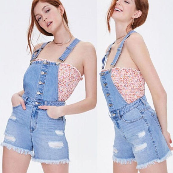 NEW High Waist Distressed Denim Overalls Shorts - Picture 5 of 10